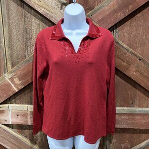 Mercer Studio Red Sequin Sweater Sz PL Petite Large Fall Trendy Collar Elegant